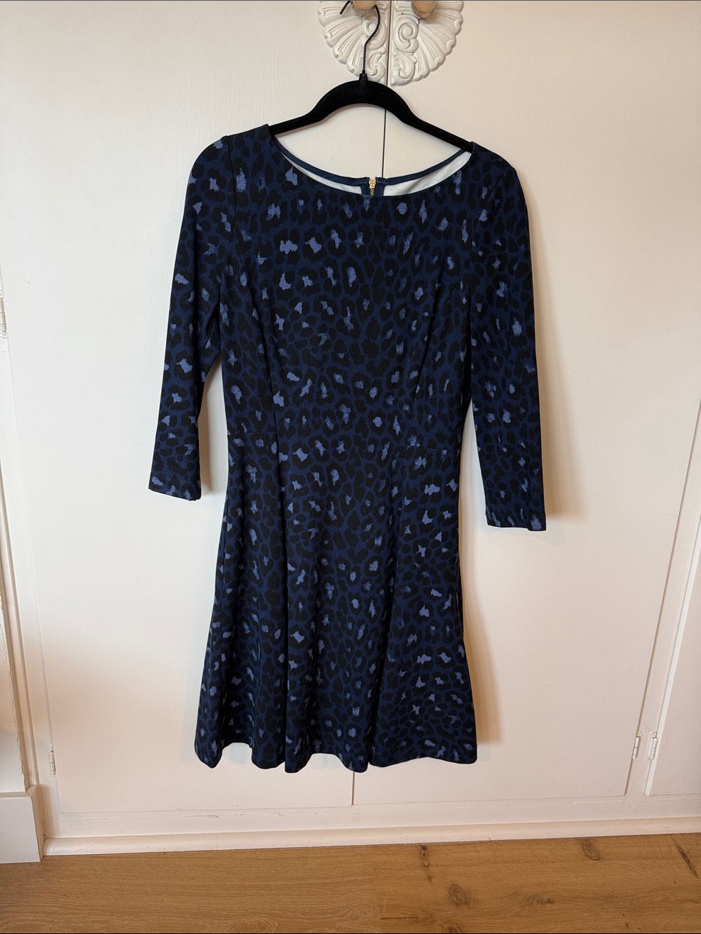 kate spade Navy and Light Blue Leopard-Print Long Sleeve Fit-and-Flare Dress